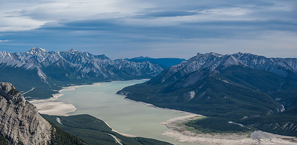 Looking east over Abraham Lake. At left is Allstones and Abraham Peaks and at right is Mount Michener.
