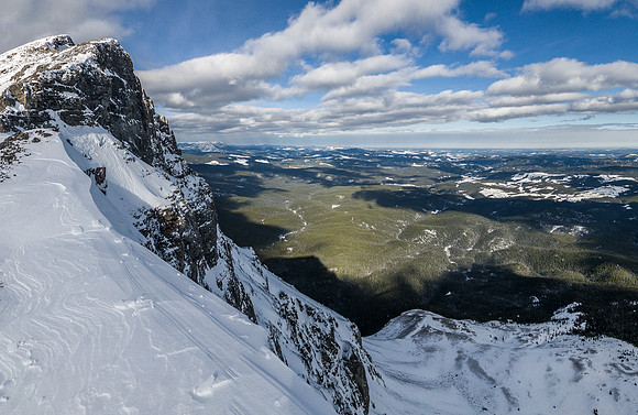 Looking along the east face of the summit block towards Ya Ha Tinda and over Pinto Creek.