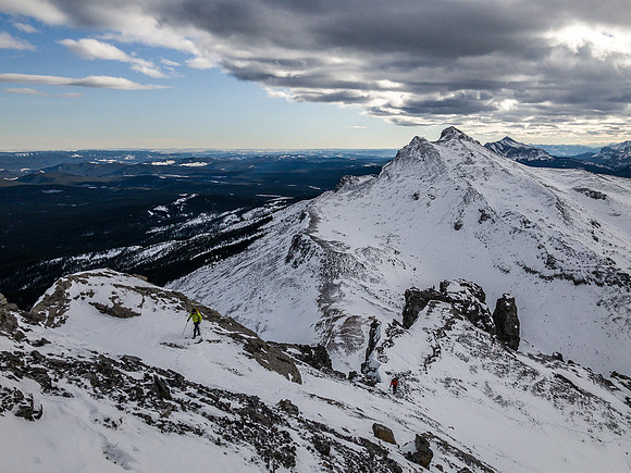 Looking back down the south ridge towards Fallen Peak and over the crux cliffs below.