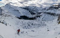 The terrain steepens towards the bottom of the crux gullies.