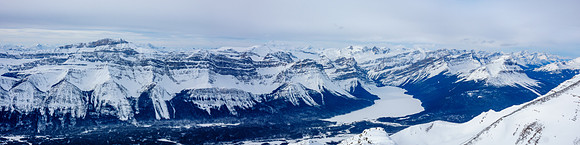Daly and Balfour over the pulpit knobs at left. Hector Lake, Olive, BowCrow and Bow at right.