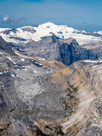The highest peak on the Wapta - Mount Balfour - towers over our return route, Hector Pass.