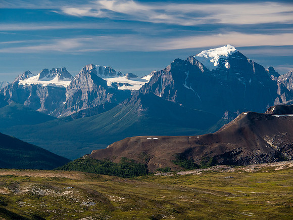 Looking over subalpine meadows towards Mount Temple with Quadra and Bident to it's left.