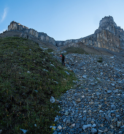 Grunting our way up the foreshortened slopes to the lower cliffs.