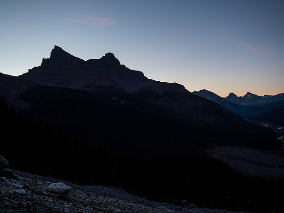 It's still very dark as we make our way down the Karst terrain east of Hector Pass.