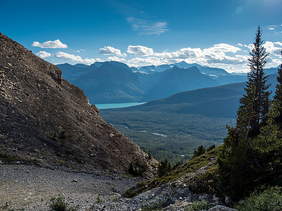 Finally above the headwall, looking back down over Hector Lake in the distance.