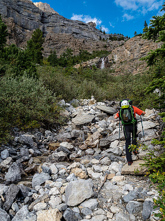 Starting up the drainage beneath the Hector headwall.