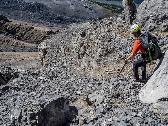 Approaching the loose break through the lower headwall.