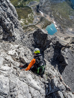 Carefully down climbing the crux.