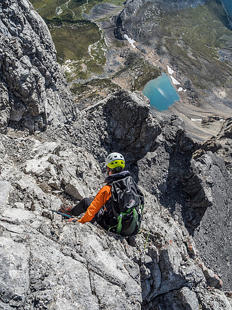 Carefully down climbing the crux.