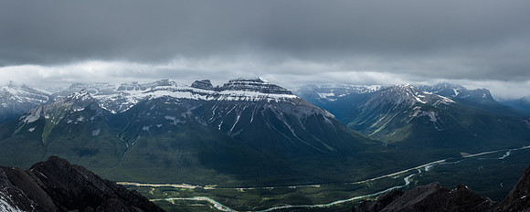 Tele of Massive, Brett, Pilot and Copper (l to r) rising over the TCH and Bow River.