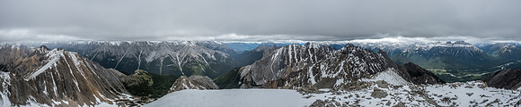 Looking towards familiar Banff peaks including (c to r), Brewster, Cascade, Norquay, Rundle, Fifi, Louis, The Finger, Cory, Massive, Brett, Pilot and Copper.