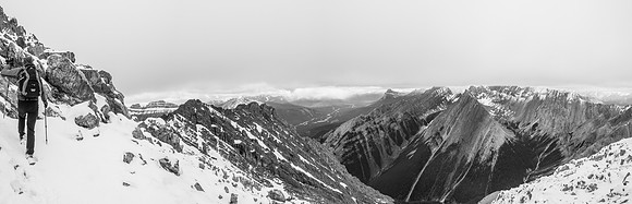 Just under the cloud ceiling on our way up to the false summit looking back at 'Cockish Peak' and Ishbel.