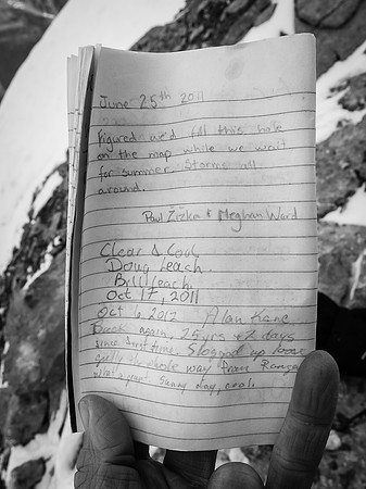 For some reason the summit register was a bit of a "who's who" of local climbers. Maybe they've all run out of good objectives? :)