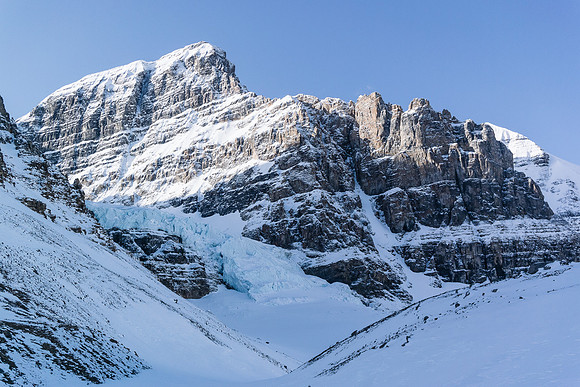 The lower ice fall from the AA Glacier. The route to the glacier skirts this on climber's left via rock and scree.