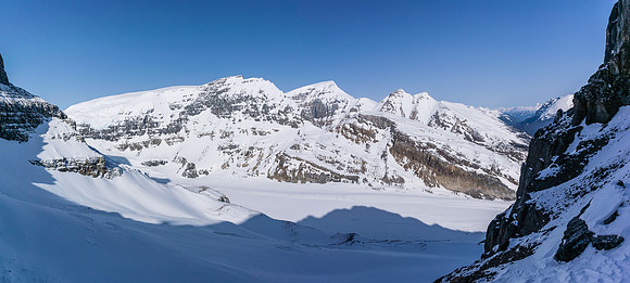 Looking across the Athabasca Glacier towards Snow Dome, Kitchener and K2 (L to R).