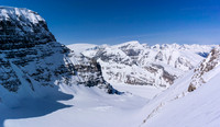 Looking north off the steep snow slope to the AA col. Our tracks just visible at bottom center. Andromeda looming across the AA Glacier at left.