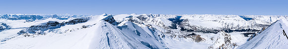 This is the view south and over the Saskatchewan Glacier (L), west over the Columbia Icefields, north up Hwy 93 (C) and finally east (R) .