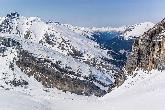 Ferenc is tiny in the huge terrain just above the AA Glacier headwall.