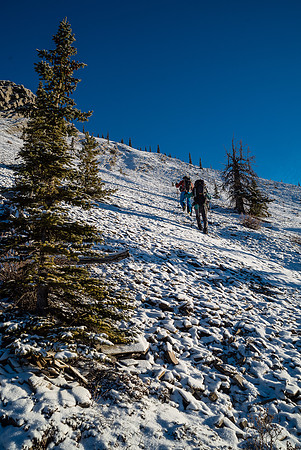 Hiking up frozen scree / grass.