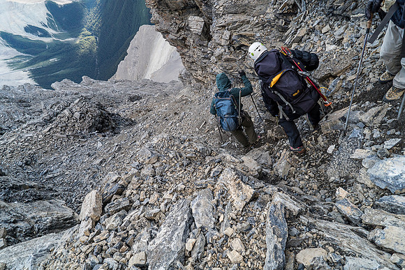 Dropping back down the gully from the summit ridge.