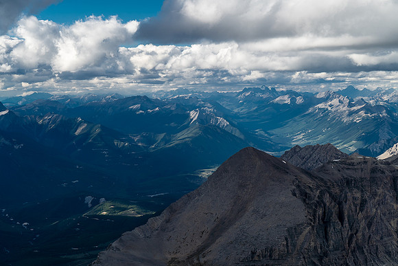 Mount King George is just barely visible to the north just right of center with Sir Douglas even further right in shadow.