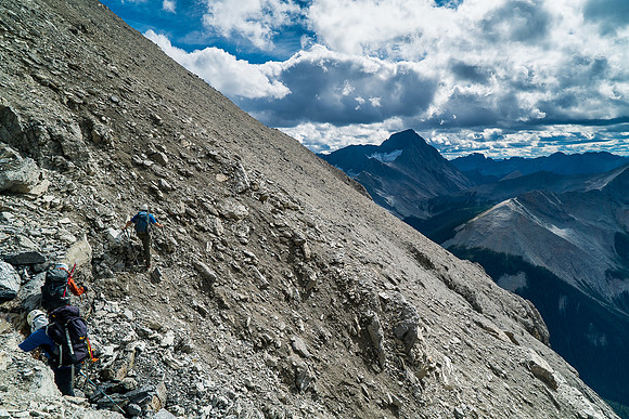 Sticking close and trying to find firm footing is the biggest challenge on the traverse.