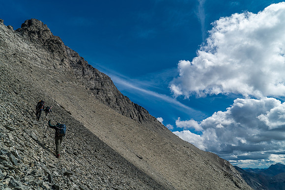 The first bowl traverse wasn't that hard and pretty obvious where to go. It got slowly more exposed as we traversed it though.
