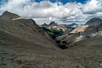 Looking down our approach route from near the Folk / Harrison col. Folk is on the left, Smith is on the right and our bivy is right in the middle.