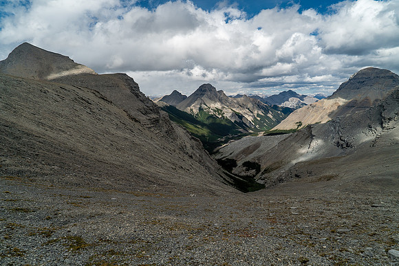 Looking down our approach route from near the Folk / Harrison col. Folk is on the left, Smith is on the right and our bivy is right in the middle.