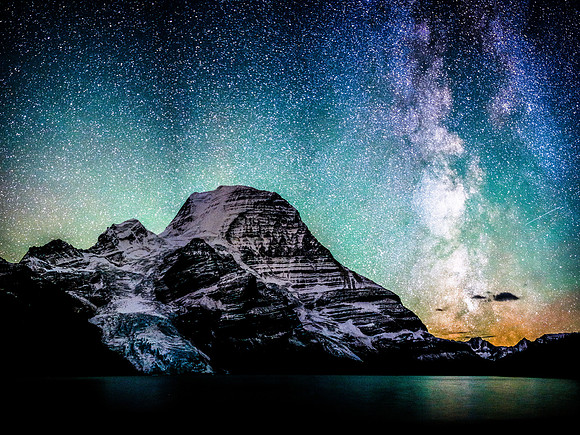 Waffl, Helmet, the Berg Glacier and Mount Robson with the Milky way above.