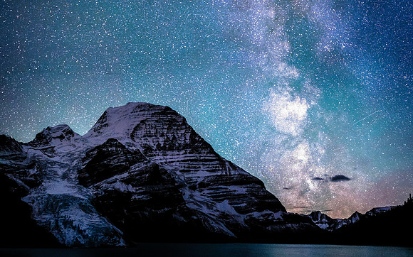 Waffl, Helmet, the Berg Glacier and Mount Robson with the Milky way above.
