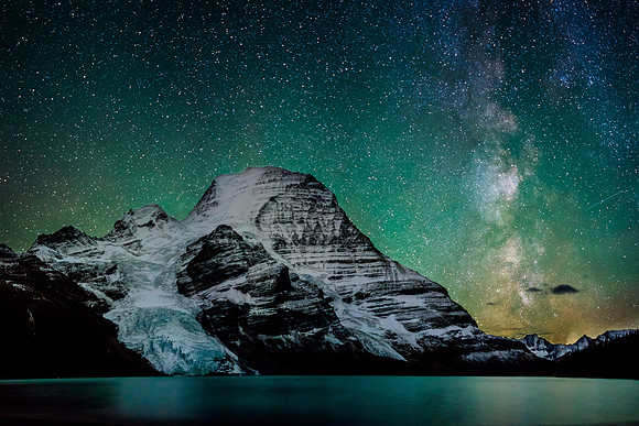 Waffl, Helmet, the Berg Glacier and Mount Robson with the Milky way above.