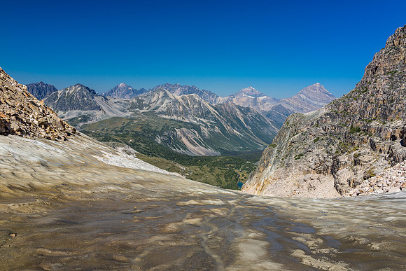 Views over old ice from the col. Fryatt at distant right.