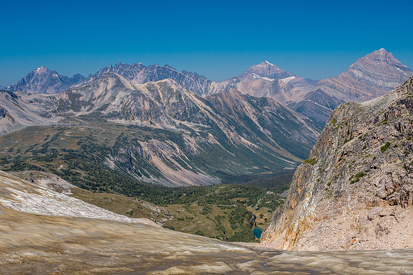 Views over old ice from the col. Fryatt at distant right.