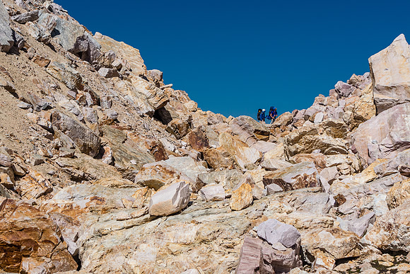 More loose terrain as we descend the col.