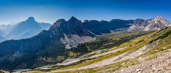 A panorama of the pristine and very beautiful valley between Fortress Mountain and Fortress Lake.