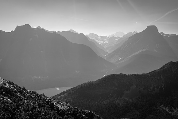 Looking west over Fortress Lake up the Chisel Creek valley to Mount Clemenceau.