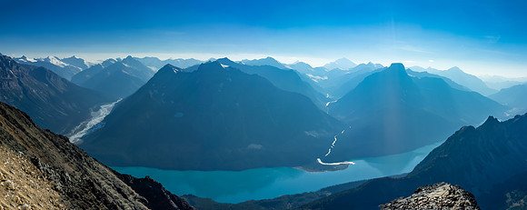 Just before the difficult ridge, looking back at the Fortress Lake Lodge with Clemenceau rising behind. The Chaba River at left.