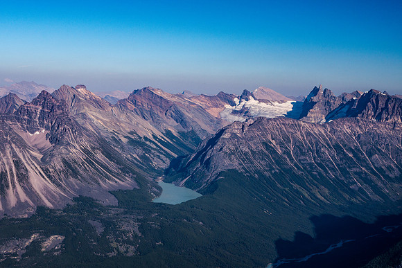 Looking over Gong Lake towards Gong Peak and Glacier with Sunwapta and Smythe to the right and Confederation, Weiss and Mitchell to the left.