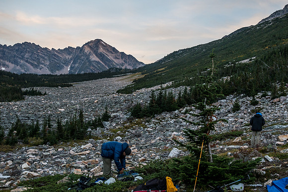 Setting up another late night bivy.
