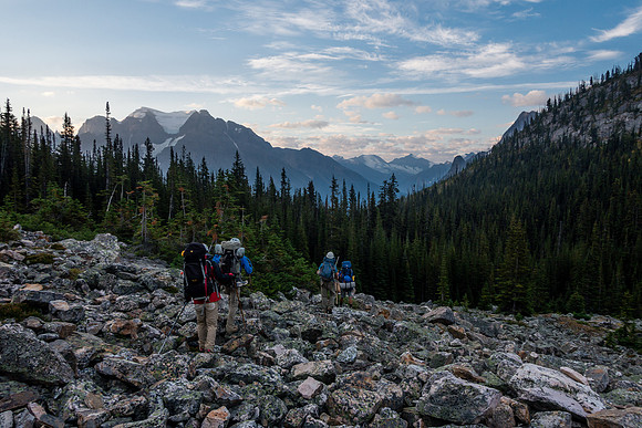 Starting the long walk back to hwy 93 from our bivy.