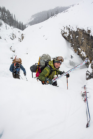 Kelly comes up the canyon - I've never had to take my skis off to get up it before.
