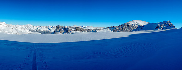 Looking back at our approach with St. Nicholas (C) and Olive's twin summits (R).