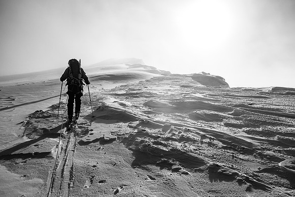 The final slog to the summit of Mount Gordon in clouds and wind.