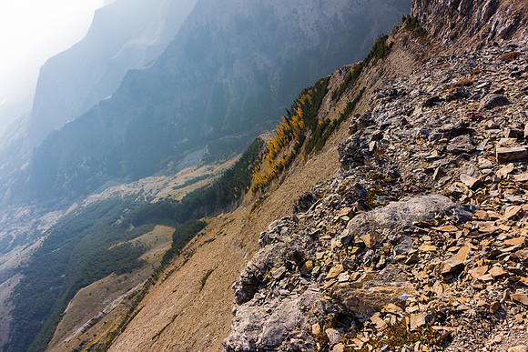 Looking down the gully as I cross it climber's right.