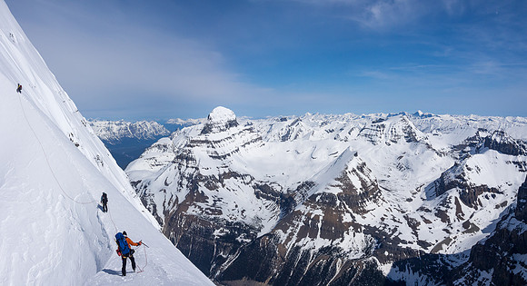Raf, Jay and Adam start up the arete to the summit of Twins Tower. From L to R, Alberta, Little Alberta, Woolley, Engelhard.