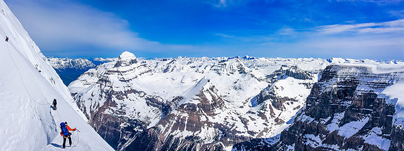 Raf, Jay and Adam start up the arete to the summit of Twins Tower. From L to R, Alberta, Little Alberta, Woolley, Engelhard.