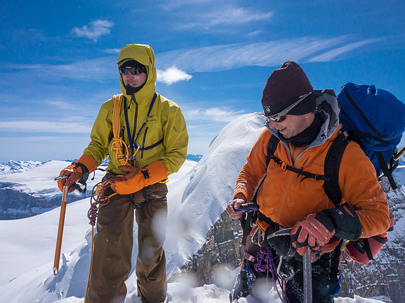 TJ and Raf congratulate each other on the summit of Twins Tower. This was Raf's last Columbia Icefields summit!