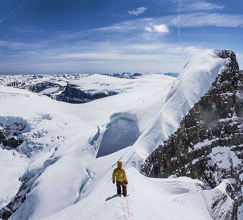 TJ descends the upper ridge on Twins Tower. Note the ridge on North Twin that we have to re-ascend.